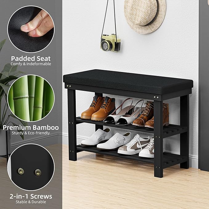 Domax Shoe Rack Bench,Bamboo Shoe Bench with Cushion, 3-Tier Shoe Storage Organizer for Entryway Entrance Hallway Bedroom Living Room,Holds Up to 330 lbs,11.8 x 28 x 17.7 Inches,Black
