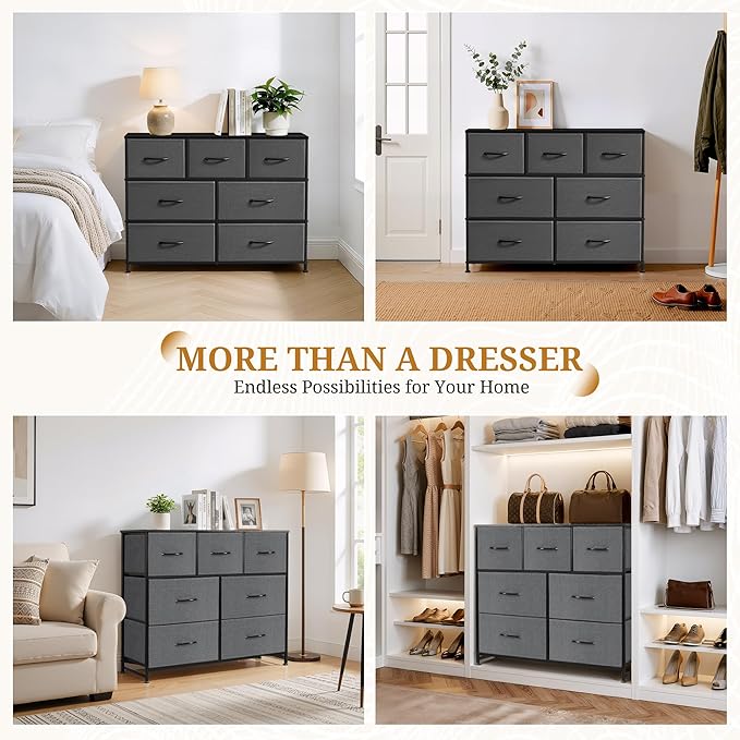 Dresser with 7 Drawers for Bedroom, Fabric Clothes Cabinet for Closet, Anti-Tip Storage Dresser with Metal Frame for Living Room, Entryway, Dorm, Grey