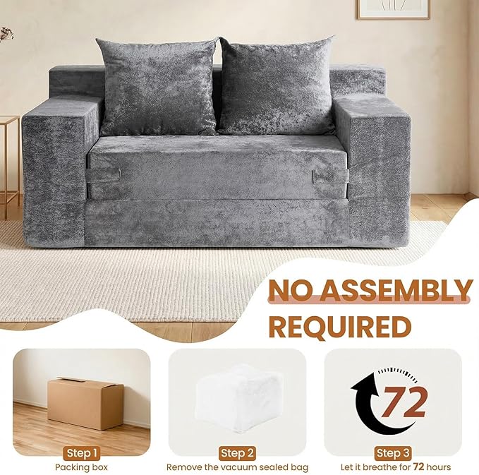 Convertible Sofa Bed, 5 in 1 Small Boneless Couch Pull Out Loveseat Sleeper Sofa,Corduroy Futon Couch Folding Mattress with 4 Pillows for Living Room (Light Gray, Loveseat(Silky Velvet))