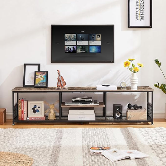 VECELO TV Stand for Televisions up to 80 Inch 70" Entertainment Center with Open Storage Shelves for Living Room/Bedroom, 3 Tiers Media Console Table Frame, 70 Inches, Brown+Metal