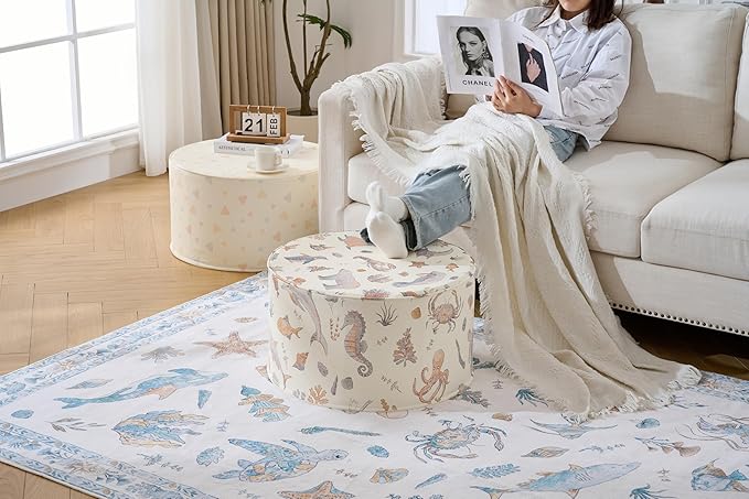 Large 22" Sturdy and Comfortable Ottoman Pouf Sealife Design for Kids Toddler Playroom, Bedroom, Nursery with Foam Filling as Seating, Footrest, Side Table Nautical Home Décor PU Leather (Cream Multi)