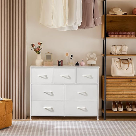 Sweetcrispy 7 Drawer Dresser Storage Organizer with Fabric Bins, Sturdy Steel Frame and Wood Top, Easy Pull Handles, for Bedroom Closet Hallway Entryway,White