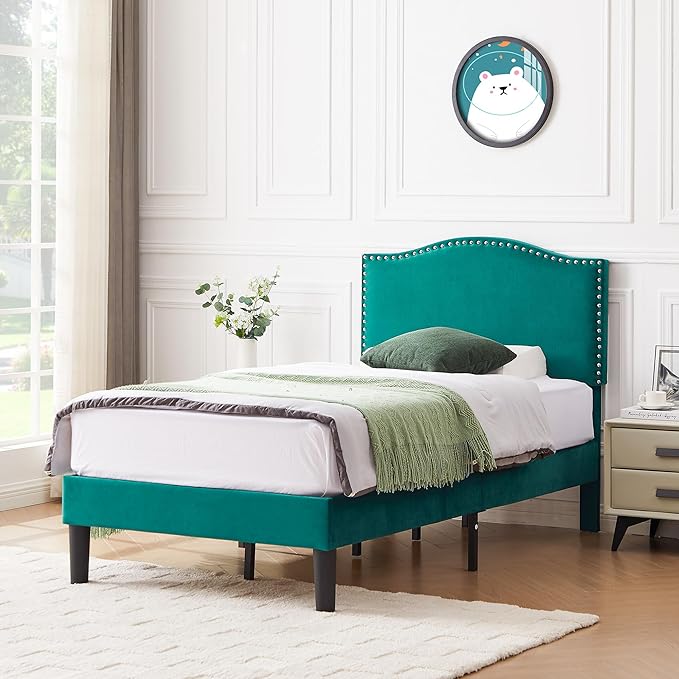 VECELO Twin Bed Frame, Platform Bed Frame with Adjustable Height Upholstered Headboard, Heavy-Duty Frame and Strong Wooden Slats Support, Non-Slip and Noise-Free, Easy Assembly, Dark Green