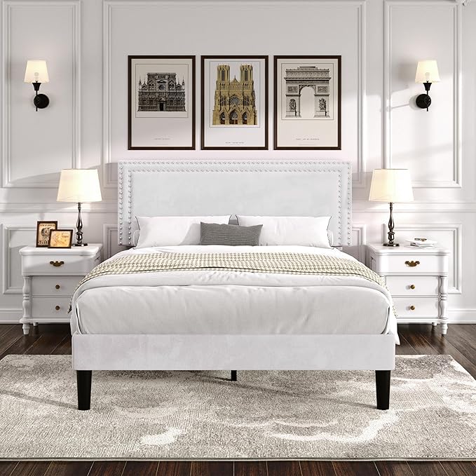 VECELO Queen Bed Frame with Adjustable Upholstered Headboard, Wooden Slats Platform, Noise-Free Design, Easy Assembly