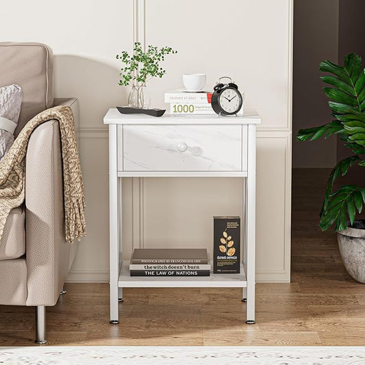 VECELO Nightstand,Modern Bedside End Table, Night Stand with Drawer and Storage Shelf for Living Room Bedroom, Industrial Metal Frame