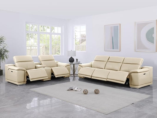 Blackjack Furniture Venice Top Grain Italian Leather Power Recline 6 Piece 5 Seater Sofa - 107" Theater Seating Modern Couch for Living Room Apartment with Adjustable Headrests & USB Port, Beige