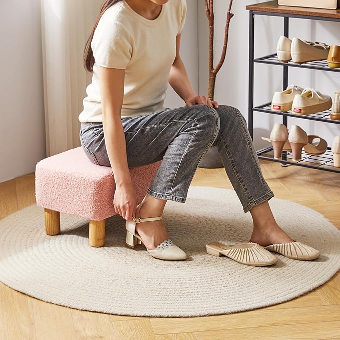 YMYNY Ottoman, Modern Footrest with Soft Padded Seat, Foot Stool with Wood Legs, Small Square Pouf Under Desk for Living Room Bedroom Office 15.74" D×11.41" W×9.84" H Pink UHBD030P