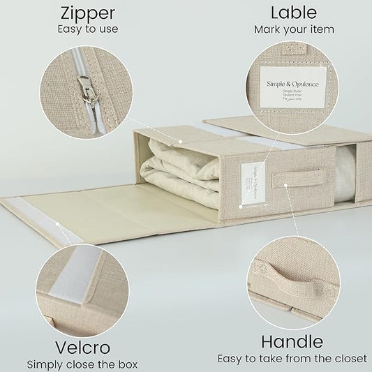 Simple&Opulence 4 Pack Bed Sheet Organizers and Storage, Linen Closet Organizers, Sheets Set Folder Storages with Window and Label (Queen/King Size) Organizing Bedding Container, Linen