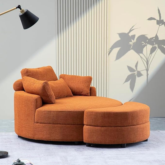 ERYE Oversized Round Accent Barrel Chair with Storage Ottoman and Adjustable Headrest, Modern Linen Upholstered Leisure Recliner Armchair for Living Room Bedroom