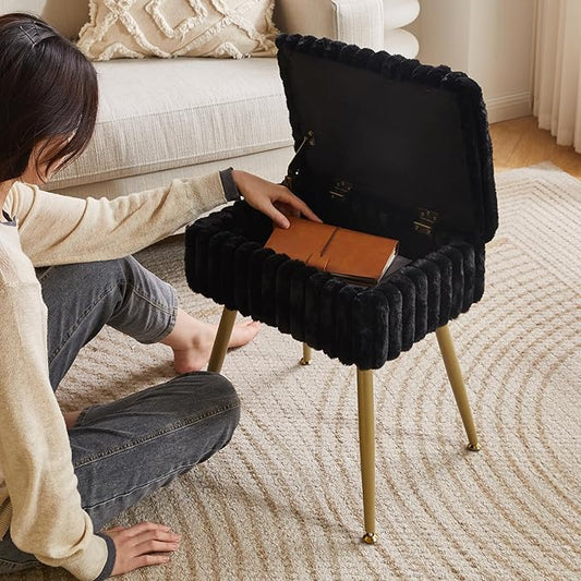 Vanity Stool with Storage, Faux Fur Vanity Chair, Footrest Ottoman, Multifunctional Makeup Vanity Chair for Bedroom Black YD-MS151B