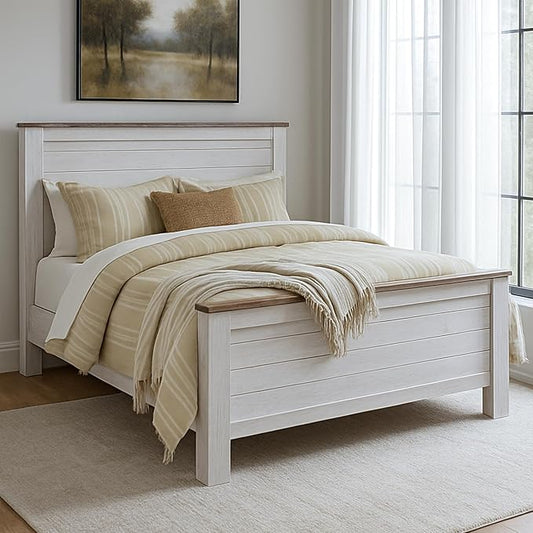 Signature Design by Ashley Willowton Shabby Chic Queen Panel Bed with Metal Slats, Foundation or Box Spring Needed, Whitewash