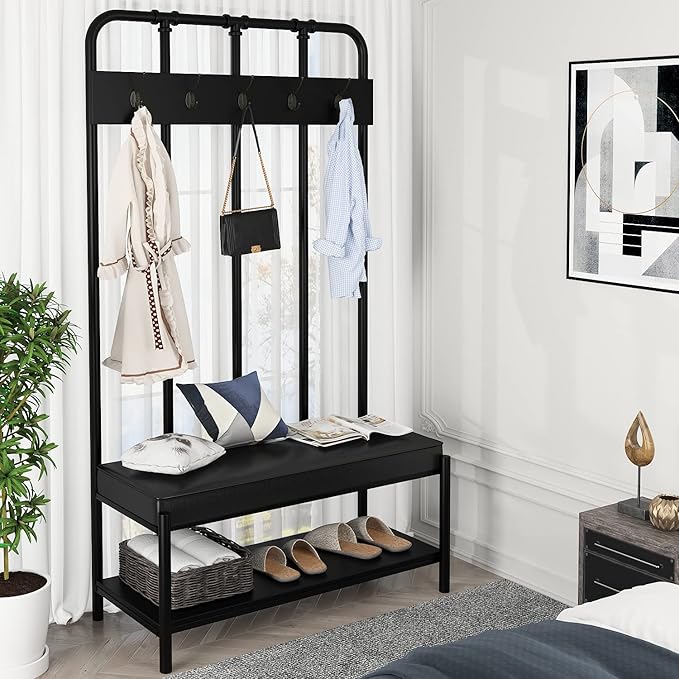 Allewie Coat Rack Shoe Bench, 75" Freestanding Hall Tree, Entryway Bench with Storage Shelves, Upholstered Sponge-Padded Seat, Organized with 5 Hooks, Industrial Furniture, Easy Assembly, Black