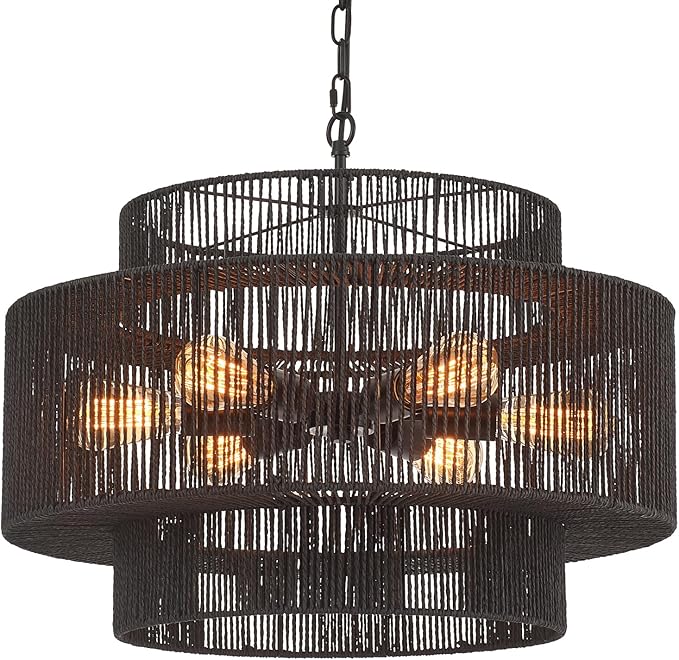 Hand-Woven Rattan Chandelier Vintage 6-Light Farmhouse Boho Bamboo Chandeliers Light Fixture 23.6" Retro 3-Tier Drum Wicker Rattan Black Chandelier for Dining Room, Kitchen Island, Bedroom