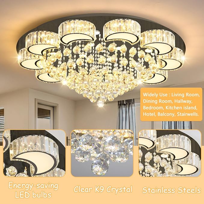 40'' Black Modern Crystal Chandeliers for Dining Room LED Dimmable Light Fixtures Flush Mount Light Living Room Bedrooms