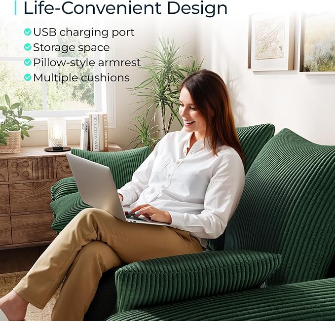 LINSY HOME Oversized Sectional Sleeper Sofa with Pull Out Couch Bed (Green, 110.5'') | USB Charging, Pillow-style Armrest, Multiple Cushions, Modular Sofa, Corduroy Fabric