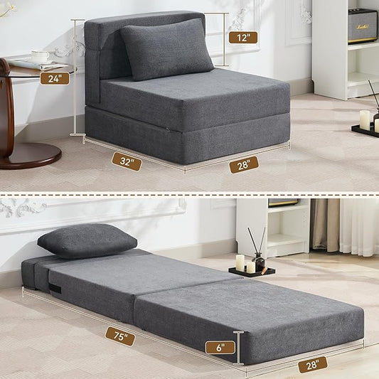 WUTUTUEE Folding Sofa Bed Convertible Floor Couch Foldable Chair Bed with Pillow,Linen Sleeper Chair Futon,Foldable Memory Foam Mattress for Bedroom/Living Room/Dorm/Office (Dark Grey, Single)