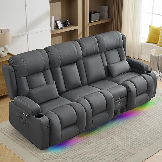 TUNYI Wall Hugger Loveseat Recliner Sofa with Console, Power Reclining Loveseat RV Couch with Massage & Heat/USB/Outlet/Storage/LED Light/Speaker (Blue, 4 Seat)