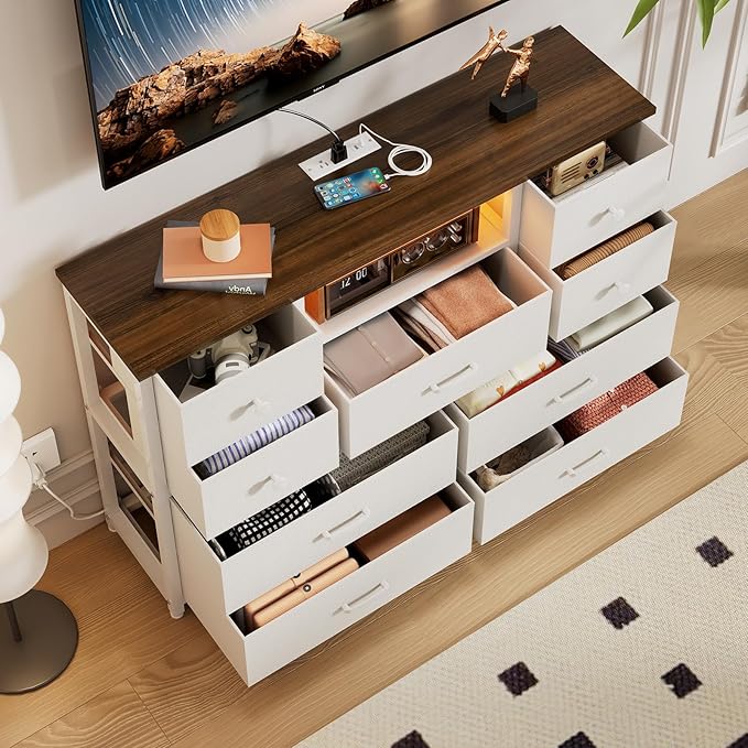 Dresser for Bedroom with 9 Drawers, White Storage Organizer TV Stand for 55" TV with LED Lights and Sockets, Fabric Chest of Drawers with PU Finish for Kid Room, Entryway, Living Room, Hallway