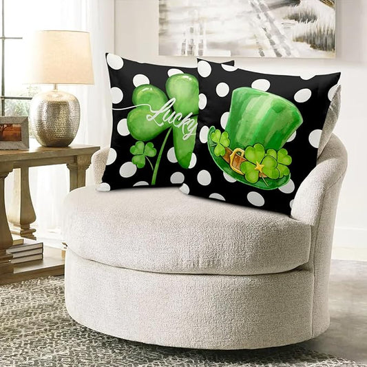St Patricks Day Pillow Covers 16 x 16 Set of 2 Lucky Shamrock Hat Green Throw Pillow Covers Black White Polka Dots Pillow Cases Home Holiday Decor for Sofa Couch