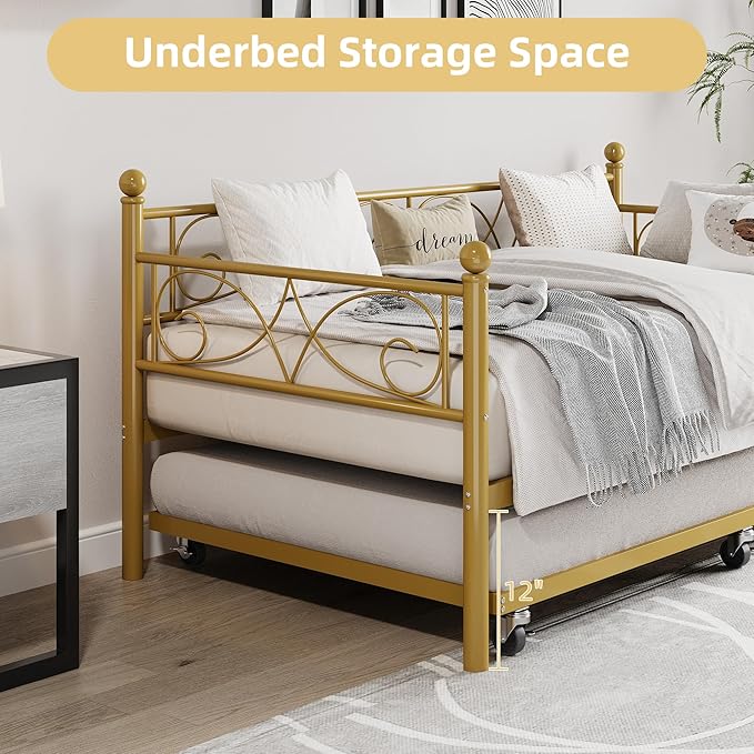 IDEALHOUSE Twin Daybed with Trundle, Metal Trundle Bed, Sofa Bed Frame, Heavy Duty Metal Slats, for Living Room, Bedroom, Guest Room, Space Saving, Gold