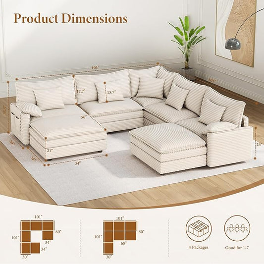 Vesgantti 101" V-Shaped Corner Couch Sectional, 7 Seat Customizable Modular Cloud Couches with Movable Ottoman, Corduroy Deep Seat Sofa Set with Chaise for Living Room, Bedroom and Apartment, Beige | Sink-in Comfort, Height Adjustable, Easy Rearrangeme...