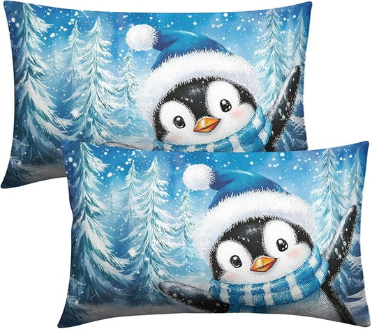 Winter Blue Outdoor Pillow Covers 12x20 Set of 2 Christmas Penguin Snowflake Lumbar Throw Pillow Covers Xmas Winter Holiday Rectangle Pillow Cases for Farmhouse Living Room Decor