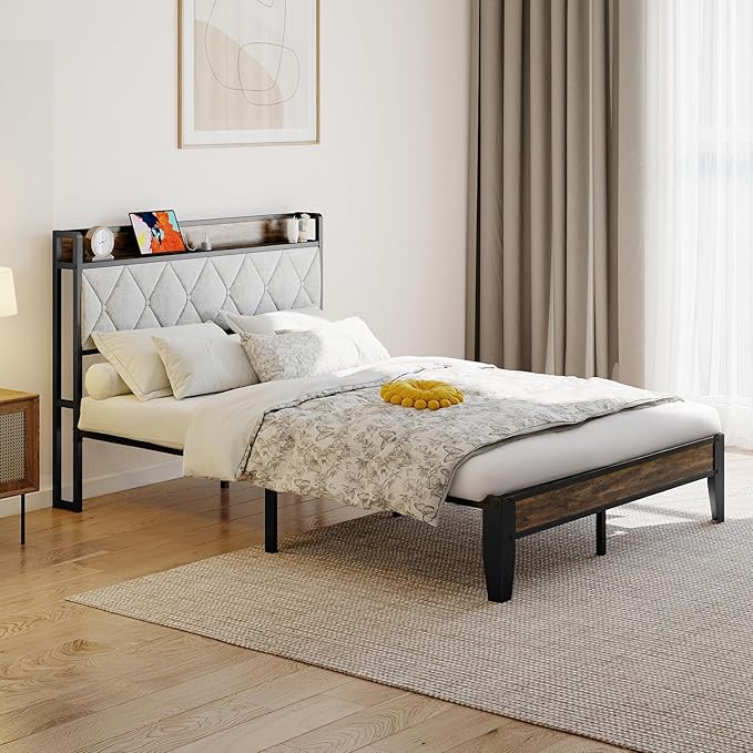 Sweetcrispy Full Bed Frame with Headboard, Storage Headboard with USB Charging Station, Durable Squeak-Free Frame, Simple No-Tool Assembly,Works with Full Mattress No Box Spring Needed