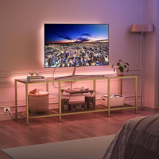 HOOBRO TV Stand with LED Lights and Power Outlets for TVs up to 75", Modern 63 Inch Tempered Glass TV Console Table with Open Shelves, Media Entertainment Center for Living Room, Gold GD165UDS01