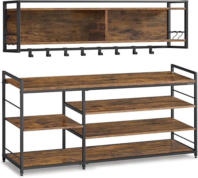 VASAGLE Hall Tree with Shoe Bench, Coat Rack Shoe Bench Set, Entryway Furniture, Multifunctional, 12 Metal Hooks, 4-Tier Shoe Rack, for Entryway, Bedroom, Rustic Brown ULSB109K01