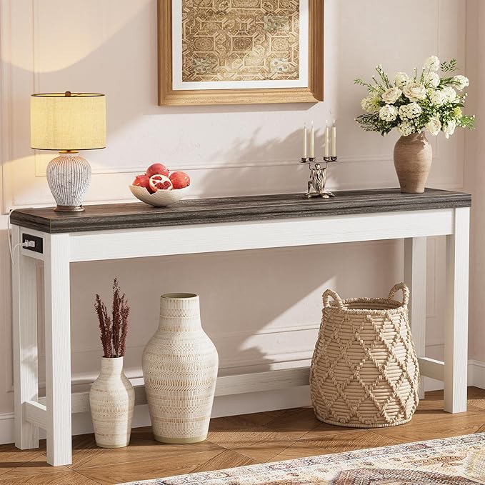 Cyclysio 63" Console Tables for Entryway, Long Console Tables for Living Room, Behind Couch Table, Sturdy Wood Support Farmhouse Entryway Table with 3AC+2USB Charging Station, Oak Grey