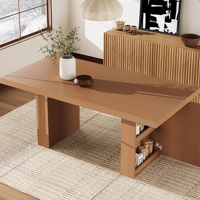 70.8" Dining Table for 6 8 10, Modern Dining Room Table with Storage, Wood Kitchen Table with Fluted Legs, Dinner Tables for Kitchen Dining Room,Nut-Brown