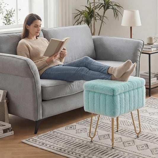 DUMOS Vanity Stool Chair with Storage, Small Ottoman Faux Fur Soft Padded Footstools Seat with 4 Metal Legs Anti-Slip Adjustable Feet Modern Footrest for Home Entryway Bedroom Makeup Mint