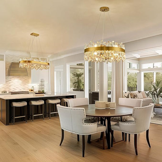 Siljoy Modern Crystal Chandelier, 12-Light Brushed Gold Round K9 Crystal Raindrop Chandelier, Luxury Dimmable Pendant Ceiling Light for Dining Room Living Room Kitchen Island Entryway Foyer, D23.6''