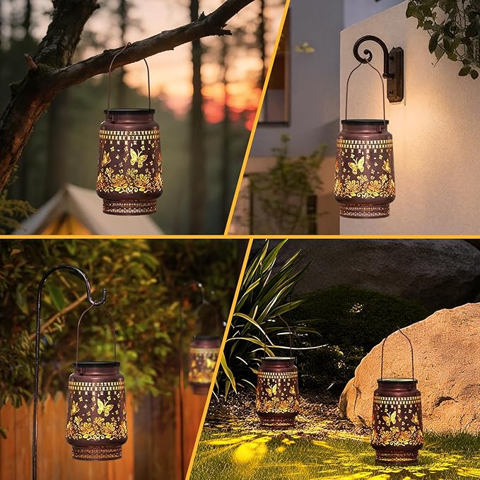FUYO Solar Lanterns Outdoor Waterproof, Butterfly Metal Hanging Solar Lights Outside Decorative for Backyard Patio Yard Pathway Porch, Garden Decor Birthday Gifts for Women Mom Grandma