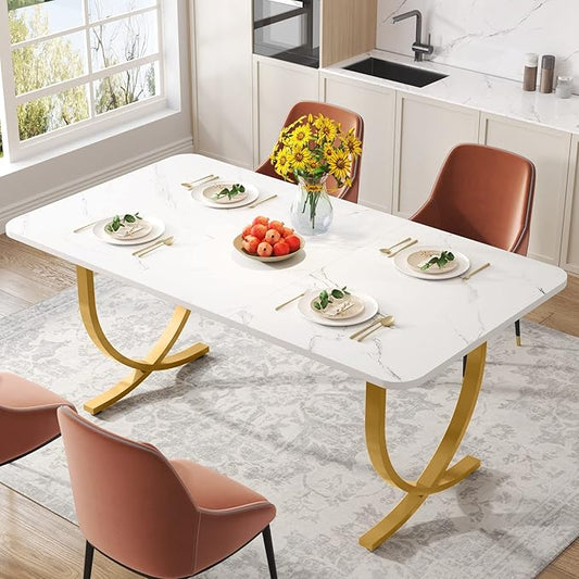 LITTLE TREE Dining Room Table, Kitchen Table with Faux Marble Table Top and Gold Metal Legs
