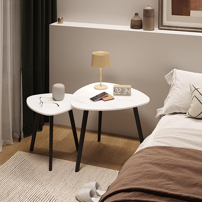 BAMEOS Bamboo Nesting Triangle End Table,Set of 2 Side Table Modern Minimalist Coffee Table for Living Room (Marble White)