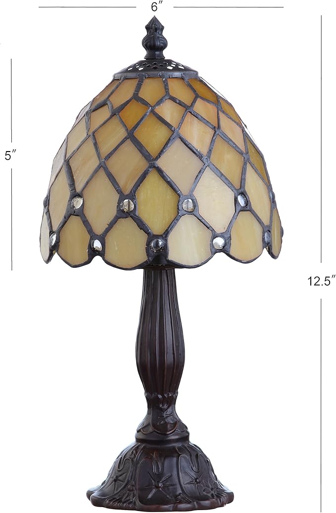 JONATHAN Y 12.5" Bronze Tiffany-Style LED Table Lamp, Handcrafted Ivory Stained Glass Bell Shade with Jewels, Traditional Resin Accent Lamp for Bedroom, LED Bulb Included JYL8015A