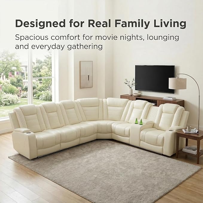 Power Recliner Sectional Sofa, Off-White Breathing Leather L-Shaped Corner Couch with LED Lights, USB/Type-C, Wireless Charging, Cup Holders & Storage Console for Living Room Theater