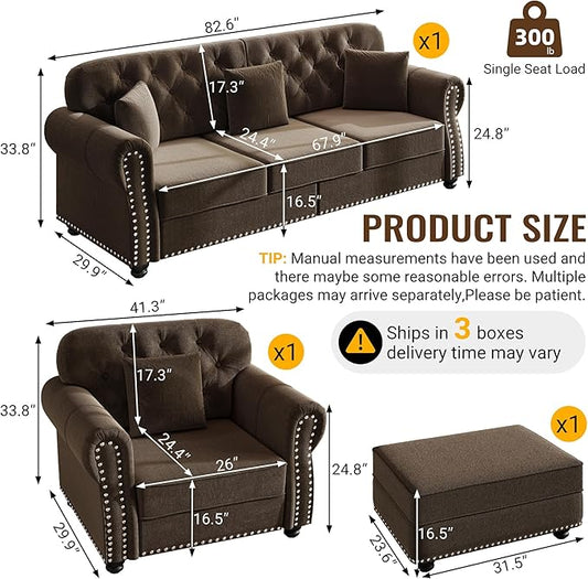 KEIKI 2-Piece Chesterfield Sofa Set with 1 Velvet 3-Seater Sofa & 1 Single Sofa, Upholstered 4-Seater Couch Set with Nailhead Trim & Rolled Arms & 1 Ottoman & 4 Pillow, for Living Room, Brown