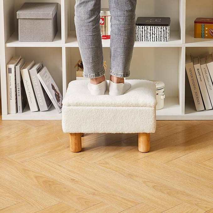 Ottoman with Storage - Small Foot Rest for Couch 16x12x9.5inch, Safety Hinge Flip Top Stool Load up to 330lb for Living Room Dorm - Teddy White YD-JD136W