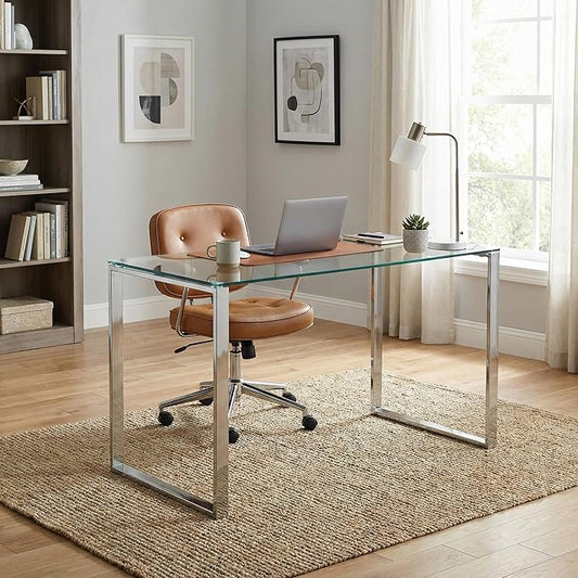 Cortesi Home Remi Glass Top Desk with Chrome Finish Stainless Steel, 48"x24"