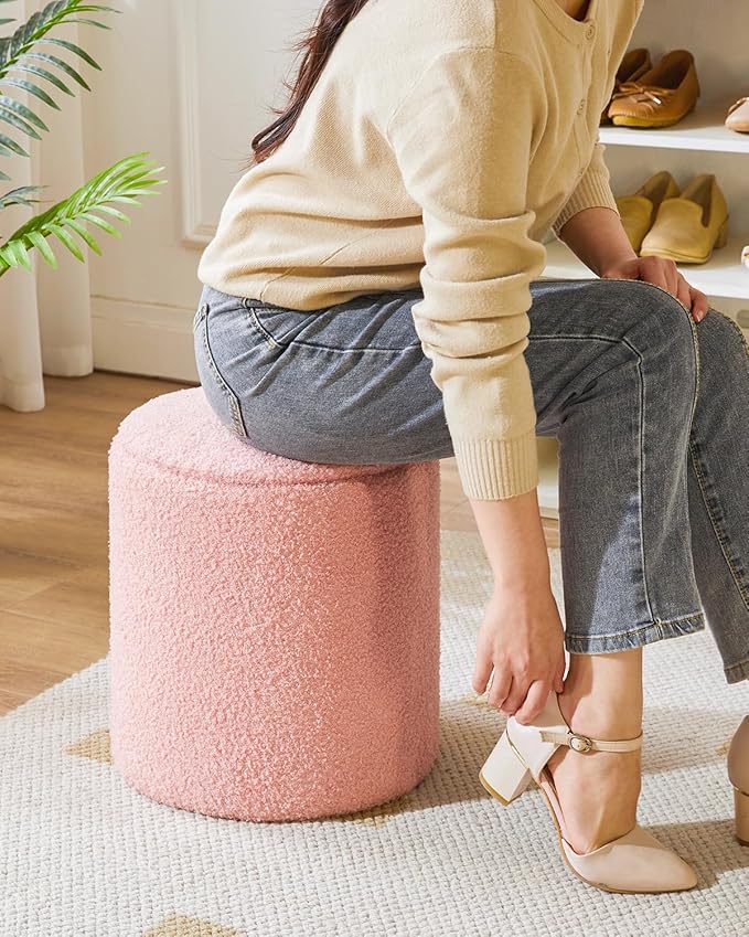IBUYKE Storage Ottoman Set of 2 Round Ottoman Fleece Vanity Stool with Storage Velvet Footrest Stool End Table Boucle Ottoman for Home Organization Pink UWBD015P