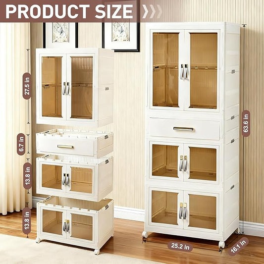 SAYMA Pet Portable Wardrobe Closet with Doors, Pet Wardrobe Storage Cabinet with Hanging Rod Storage Organizer Large Plastic Storage Cabinet for Pet Clothes, Toys, Snacks(3 Layer+Drawer)