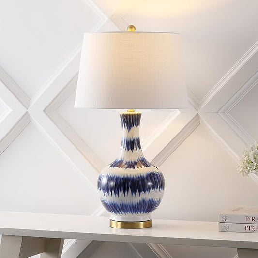 JONATHAN Y 30.5" Blue/White Striped Ceramic Table Lamp for Bedroom Living Room, Modern Coastal Bedside Lamp with Gold Base and White Linen Shade, LED Bulb Included (JYL3054B)