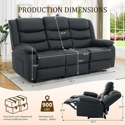 Korser Recliner Sofa, Reclining Loveseat with Console, Oversized Reclining Couch with Drop Down Table, 3-Seater Sofa with Cup Holder and Recessed Power Strip, Black