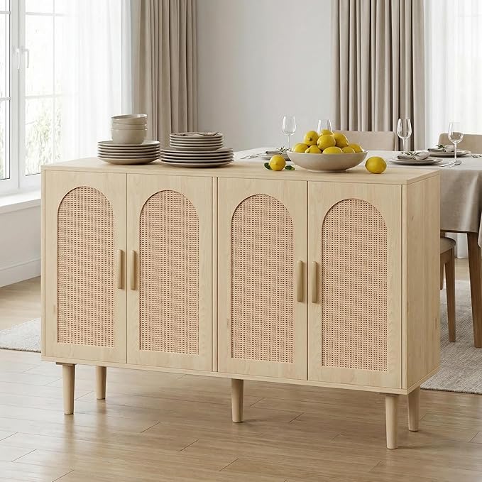 4-Door Rattan Sideboard Cabinet, 47.2" Natural Modern Credenza with Ample Storage, Compact Accent Buffet for Entryway, Living & Dining Room