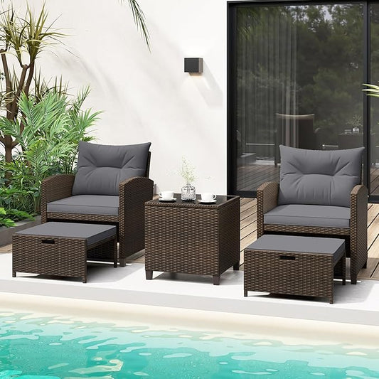 Tangkula 5 Pieces Patio Conversation Set, PE Wicker Rattan Outdoor Furniture Set with 2 Chairs, 2 Ottomans & Tempered Glass Coffee Table, Ideal for Poolside, Backyard, Lawn, Deck, Mix Brown & Grey