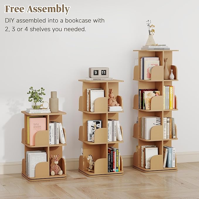 Rotating Bookshelf, 4 Tier Spinning Bookshelf Tower for Small Space, Kids Bookshelves 360 Display, Revolving Bookcase Floor Standing Storage Rack, Natural