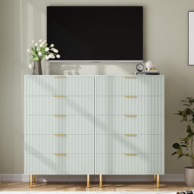 IDEALHOUSE Green Dresser, Modern 5 Drawer Dresser for Bedroom with Gold Handle and Large Drawer, Wood Double Chest of Drawers and Storage Organizer for Living Room, Hallway, Entryway