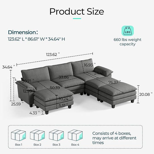 LINSY HOME Modular Sectional Sofa - 123 Inch Oversized Corduroy Cloud Couch with Movable Ottoman Soft Modern Comfy Sofa Set for Living Room Apartment Office, Grey